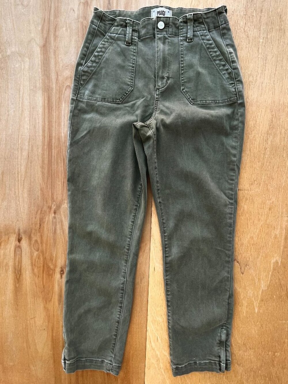 PAIGE HIGH RISE STRAIGHT ZIP HEM JEANS Women’s sz 29 Khaki Olive Green Stretch